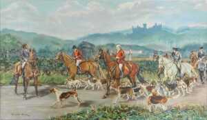 Elizabeth Sharp (20thC School). Hunting scene, depicting figures on horseback amongst hounds,...