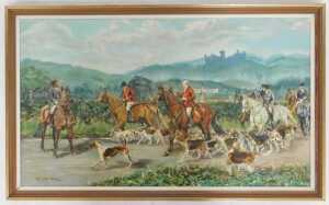 Elizabeth Sharp (20thC School). Hunting scene, depicting figures on horseback amongst hounds,... - 2