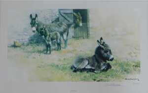 David Shepherd (1931-2017). Donkeys, signed limited edition print number 343/850, 22cm x 39cm.
