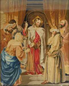 A Victorian woolwork tapestry depicting Christ amongst five disciples, 77cm x 61cm, in an...