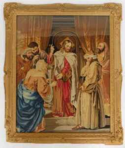 A Victorian woolwork tapestry depicting Christ amongst five disciples, 77cm x 61cm, in an... - 2