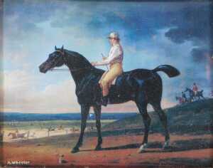 A Vienna style porcelain plaque after A Wheeler, depicting a jockey on horseback, impressed mark...