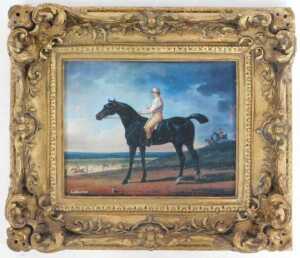 A Vienna style porcelain plaque after A Wheeler, depicting a jockey on horseback, impressed mark... - 2
