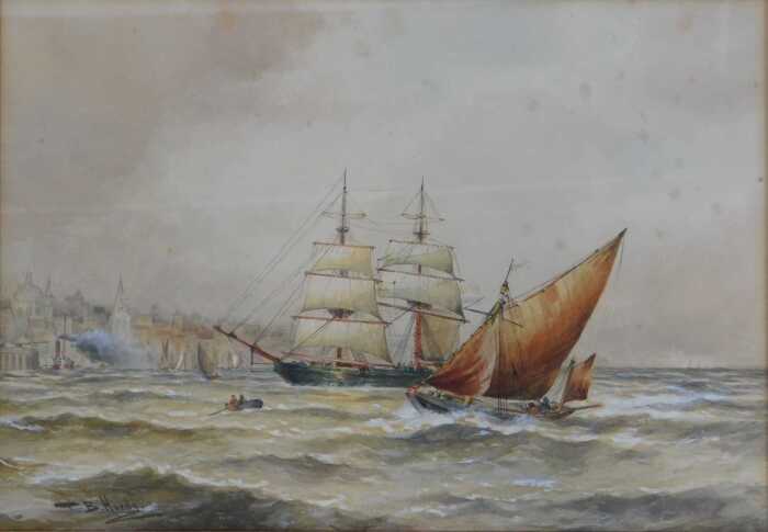 Thomas Bush Hardy (1842-1897). Sailing boats returning to harbour, watercolour, signed, 26.5cm x 37cm.