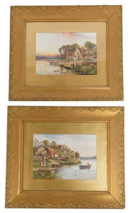 D Sherrin (19thC School). River scenes, depicting figures in boats and on land before buildings,...