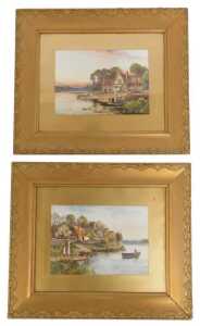 D Sherrin (19thC School). River scenes, depicting figures in boats and on land before buildings,...