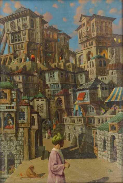 Rosemarie Ingrid Clapham (RA, b.1929). Einsam in Babylon, oil on board, attributed verso, 60cm x...