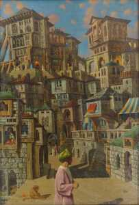 Rosemarie Ingrid Clapham (RA, b.1929). Einsam in Babylon, oil on board, attributed verso, 60cm x...