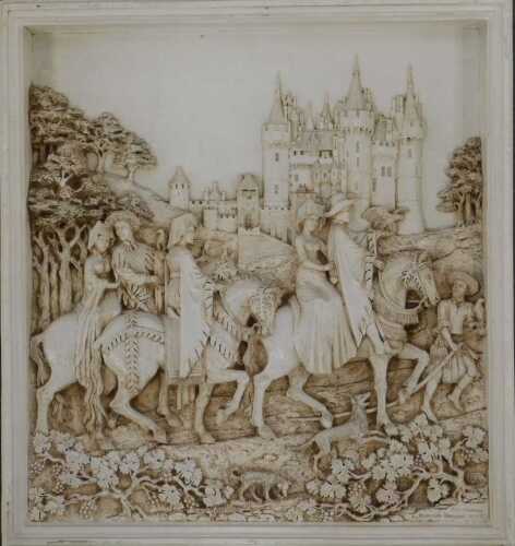 A DH Morton Marcus Designs resin relief moulded plaque, depicting medieval figures on horseback...