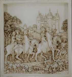 A DH Morton Marcus Designs resin relief moulded plaque, depicting medieval figures on horseback...