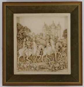 A DH Morton Marcus Designs resin relief moulded plaque, depicting medieval figures on horseback... - 2