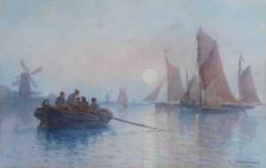Louis Etienne Timmermans (1846-1910). September - Moonrise on the Escaux, watercolour, signed,...