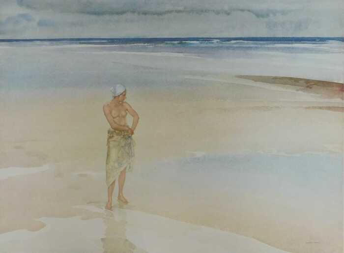 After William Russell Flint. Semi-clad female standing on the shoreline, limited edition print...