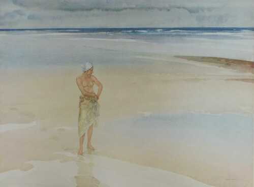 After William Russell Flint. Semi-clad female standing on the shoreline, limited edition print...