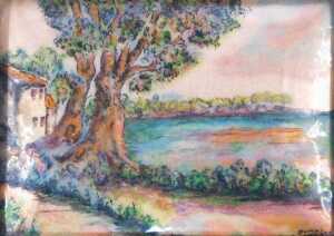 A Limoges enamelled copper plaque, depicting trees and a building before a lake, signed Dumas...