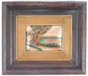 A Limoges enamelled copper plaque, depicting trees and a building before a lake, signed Dumas... - 2