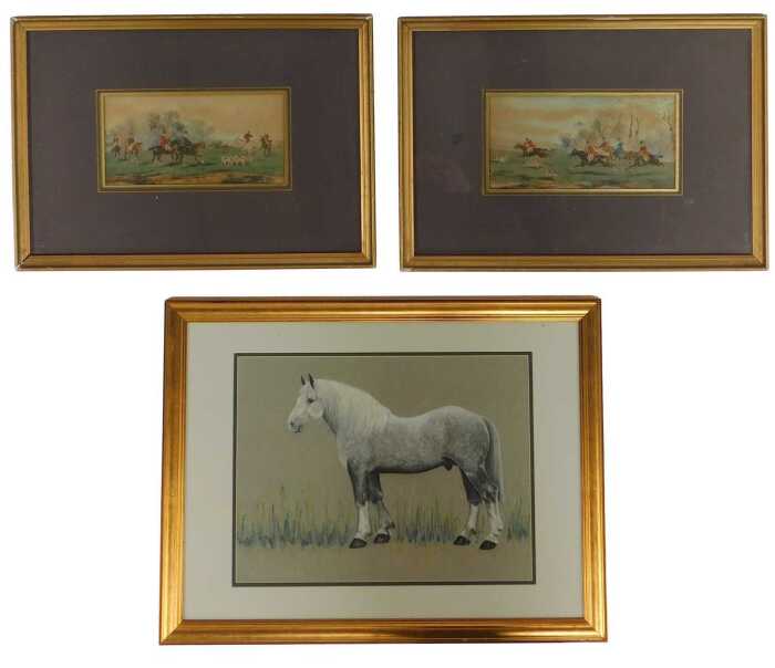 A group of equine interest pictures, comprising a pastel study of a dapple grey horse,...