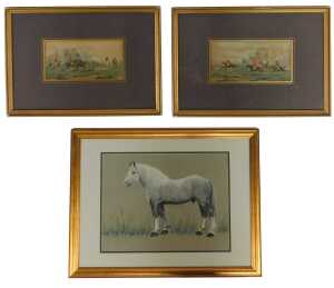 A group of equine interest pictures, comprising a pastel study of a dapple grey horse,...