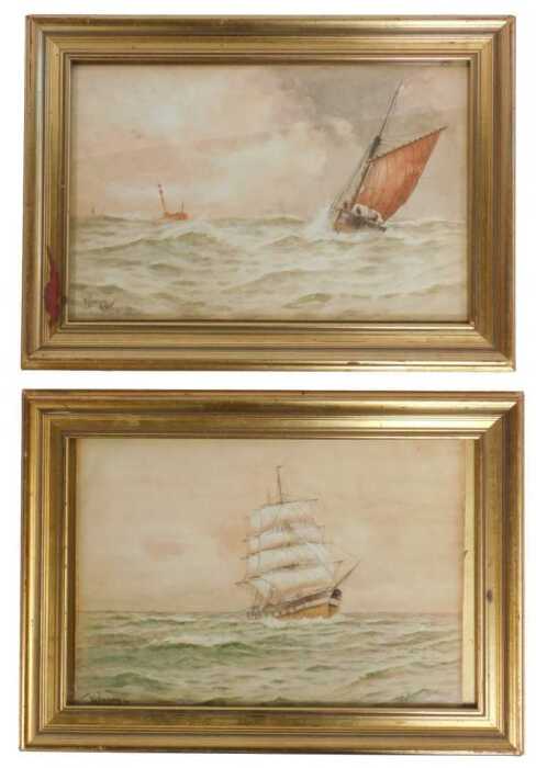 WH Pearson (19thC School). Masted ship on rocky waters, and another depicting fishing boats on...