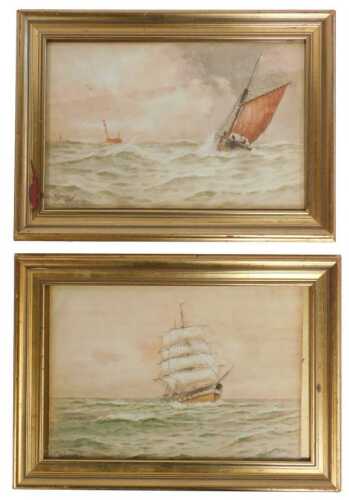 WH Pearson (19thC School). Masted ship on rocky waters, and another depicting fishing boats on...