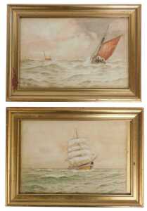 WH Pearson (19thC School). Masted ship on rocky waters, and another depicting fishing boats on...