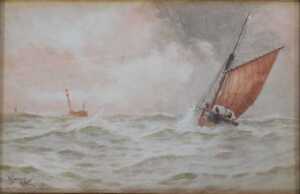 WH Pearson (19thC School). Masted ship on rocky waters, and another depicting fishing boats on... - 2