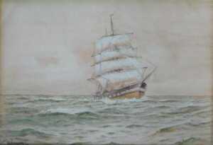 WH Pearson (19thC School). Masted ship on rocky waters, and another depicting fishing boats on... - 4