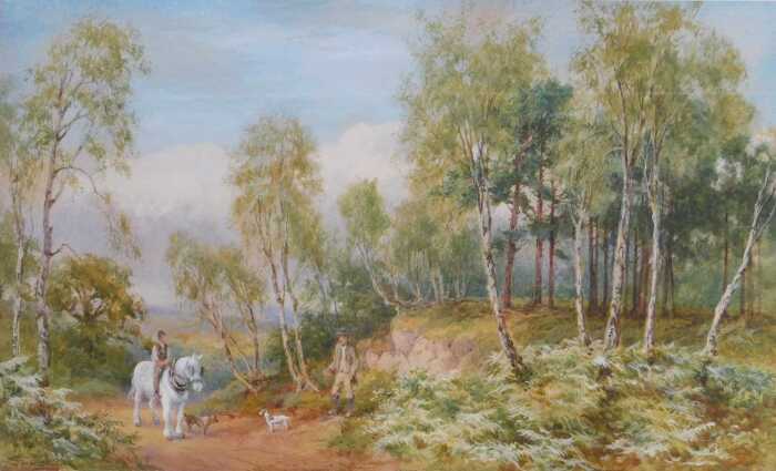J Sinclair (19thC School). Two figures on a country path, one riding a horse, beside two dogs,...