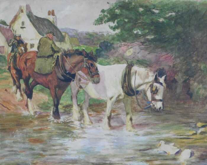 A Rushton (early 20thC School). Figures in military uniform on horseback crossing a brook,...