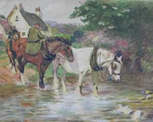 A Rushton (early 20thC School). Figures in military uniform on horseback crossing a brook,...