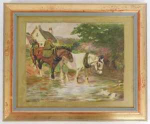 A Rushton (early 20thC School). Figures in military uniform on horseback crossing a brook,... - 2