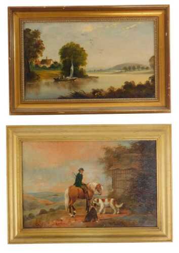 19thC School. A figure on horseback beside two dogs, oil on canvas, unsigned, 19.5cm x 29cm,...