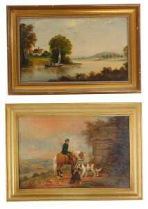 19thC School. A figure on horseback beside two dogs, oil on canvas, unsigned, 19.5cm x 29cm,...