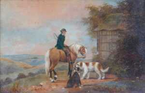 19thC School. A figure on horseback beside two dogs, oil on canvas, unsigned, 19.5cm x 29cm,... - 2