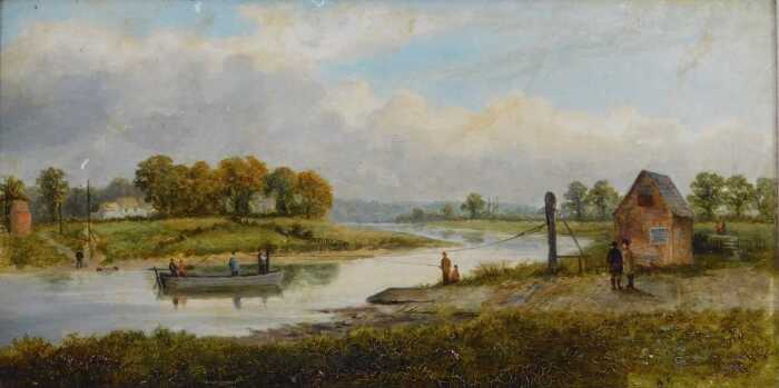 E Crossland (early 20thC School). Figures in a boat on a river beside figures fishing on the...