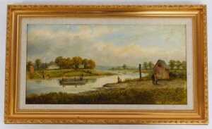 E Crossland (early 20thC School). Figures in a boat on a river beside figures fishing on the... - 2