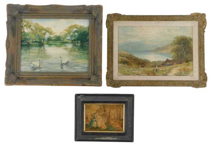 Robert Davis (20thC School). A study of two swans on a lake, oil on board, signed, 19cm x 24cm,...