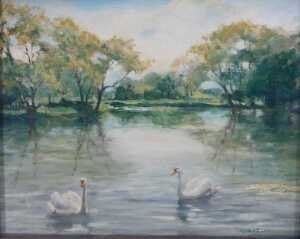 Robert Davis (20thC School). A study of two swans on a lake, oil on board, signed, 19cm x 24cm,... - 2