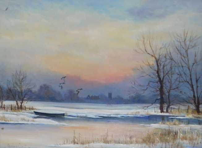 Shirley Carnt (b 1937). Winter lake scene, depicting moored boat and ducks in flight, oil on canvas, 45cm x 59cm.