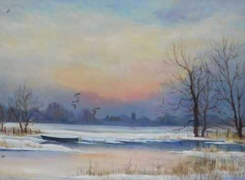 Shirley Carnt (b 1937). Winter lake scene, depicting moored boat and ducks in flight, oil on canvas, 45cm x 59cm.