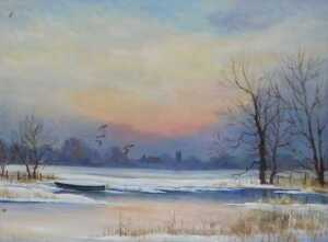 Shirley Carnt (b 1937). Winter lake scene, depicting moored boat and ducks in flight, oil on canvas, 45cm x 59cm.