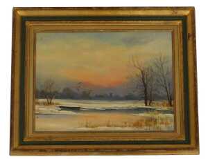 Shirley Carnt (b 1937). Winter lake scene, depicting moored boat and ducks in flight, oil on canvas, 45cm x 59cm. - 2