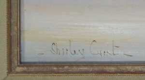 Shirley Carnt (b 1937). Winter lake scene, depicting moored boat and ducks in flight, oil on canvas, 45cm x 59cm. - 3