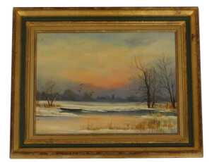 Shirley Carnt (b 1937). Winter lake scene, depicting moored boat and ducks in flight, oil on canvas, 45cm x 59cm. - 4