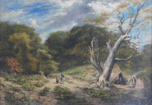 19thC School. Figures on a wooded country path, oil on canvas, unsigned, 30cm x 42cm.