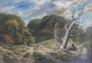 19thC School. Figures on a wooded country path, oil on canvas, unsigned, 30cm x 42cm.