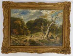19thC School. Figures on a wooded country path, oil on canvas, unsigned, 30cm x 42cm. - 2