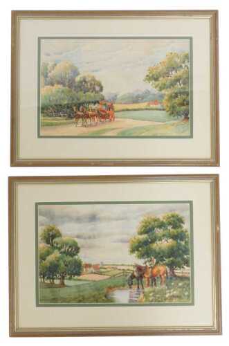 BF Odell. Horse drawn carriage on a country path, and two horses feeding at a brook before a...