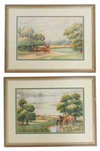BF Odell. Horse drawn carriage on a country path, and two horses feeding at a brook before a...