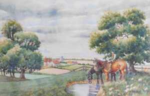 BF Odell. Horse drawn carriage on a country path, and two horses feeding at a brook before a... - 2